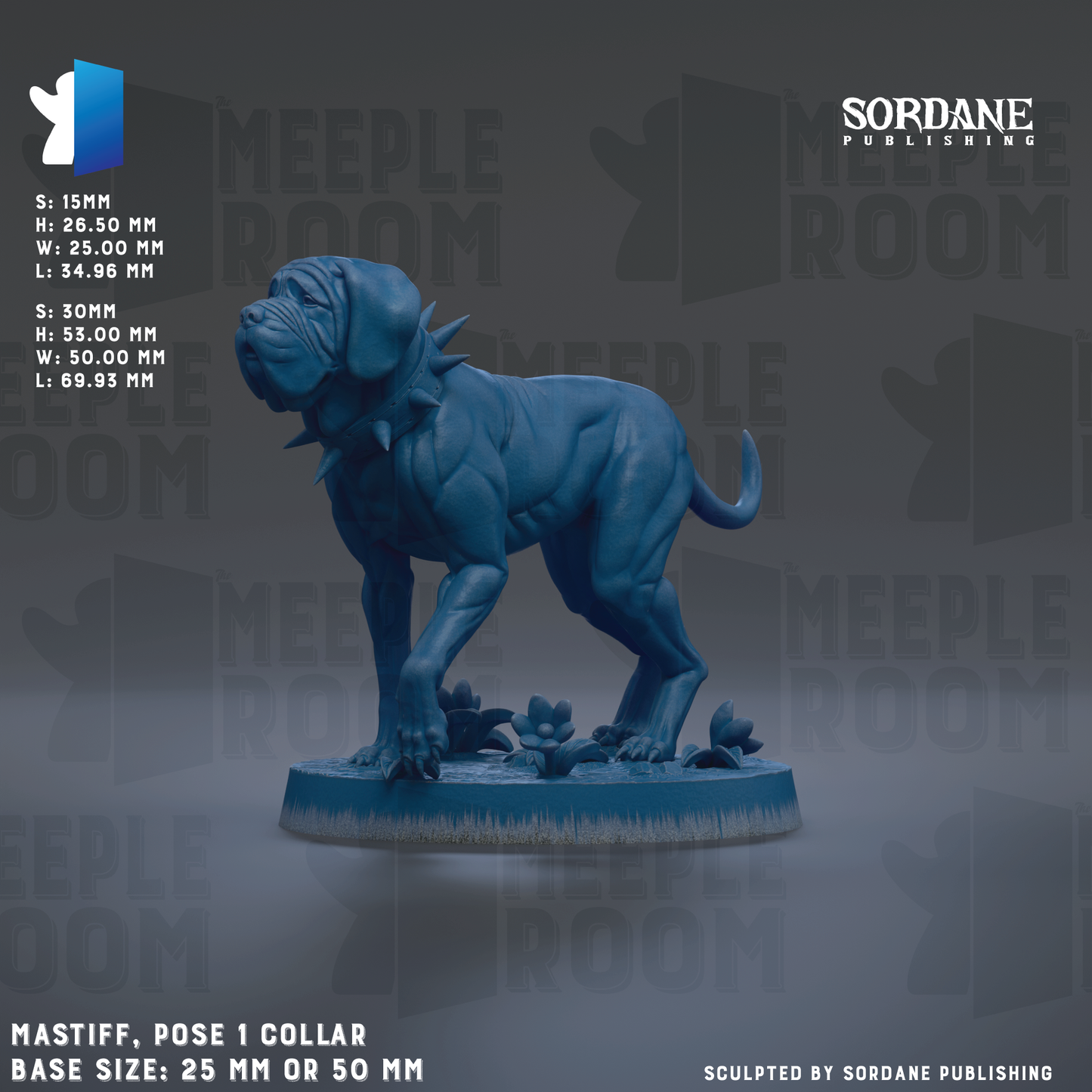 The image is a 3D rendering of a blue dog statue, specifically a mastiff, posed on a blue base. The statue is described as having a 1 collar and is shown in various sizes, including 25 mm and 50 mm. The image is a collage of multiple images, and it is described as being published by Sordane Publishing.