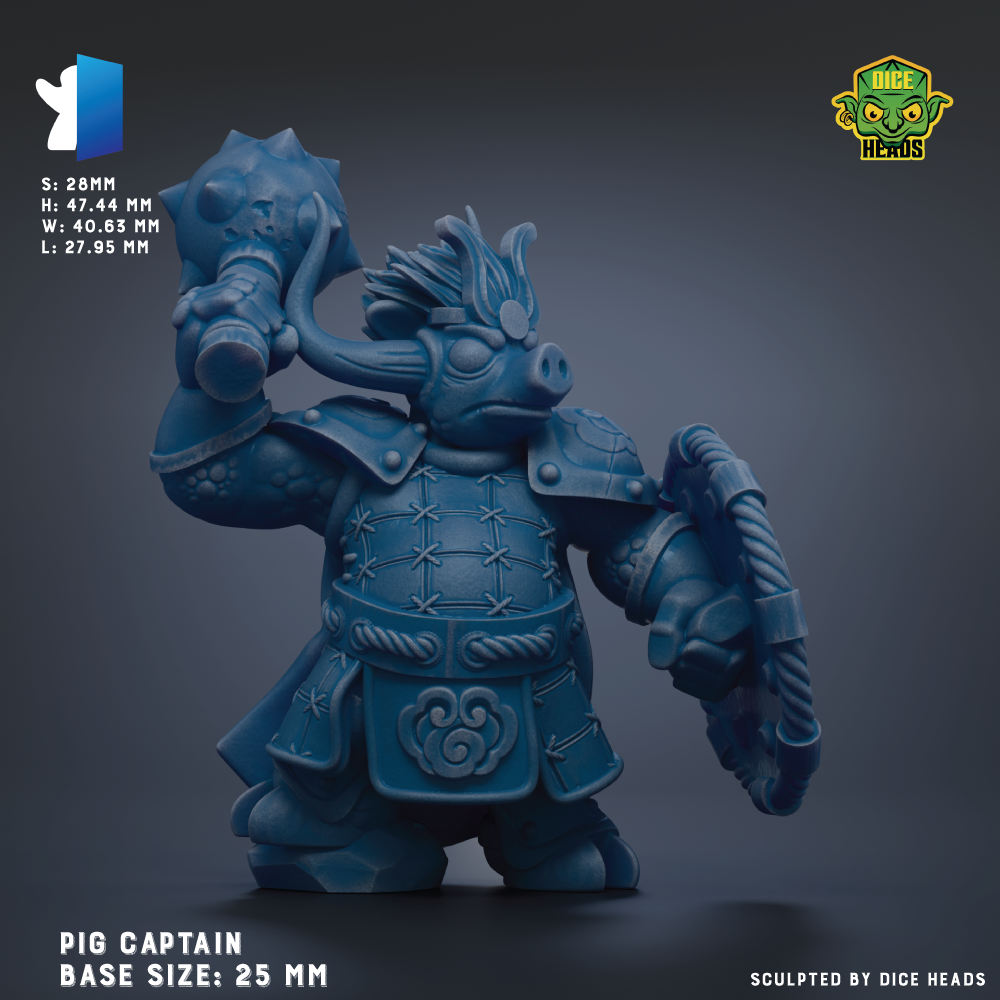 The image is a 3D model of a pig-like character, specifically a pig captain, with a base size of 25 mm.