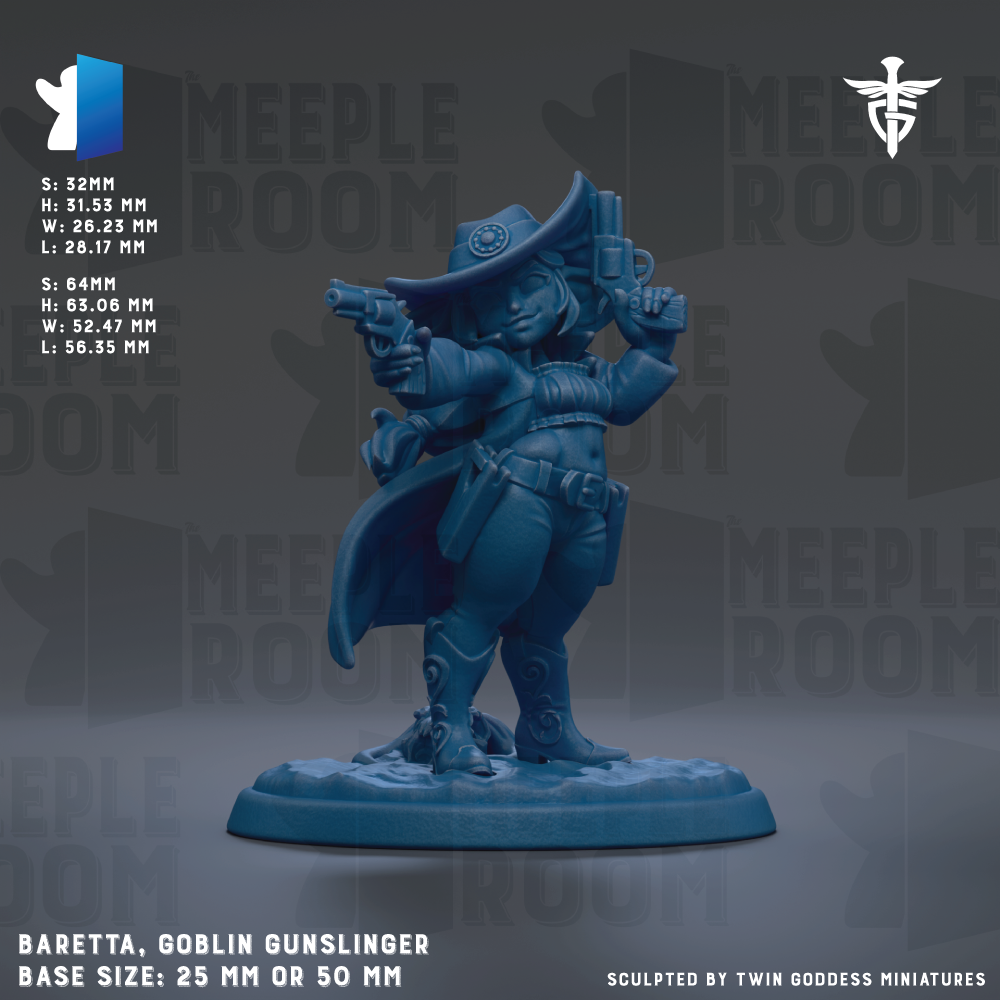 The image is a 3D rendering of a character in a blue outfit, holding a gun and standing on a base. The character appears to be a female figure, possibly a female gunfighter or warrior. The image is described as a "meadow" and is part of a "meadow" series, suggesting it is a part of a larger collection or series. The base size of the character is 25mm or 50mm.