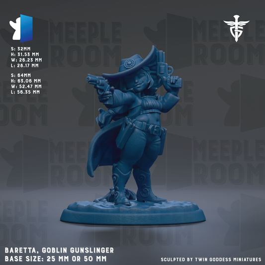The image is a 3D rendering of a character in a blue outfit, holding a gun and standing on a base. The character appears to be a female figure, possibly a female gunfighter or warrior. The image is described as a "meadow" and is part of a "meadow" series, suggesting it is a part of a larger collection or series. The base size of the character is 25mm or 50mm.