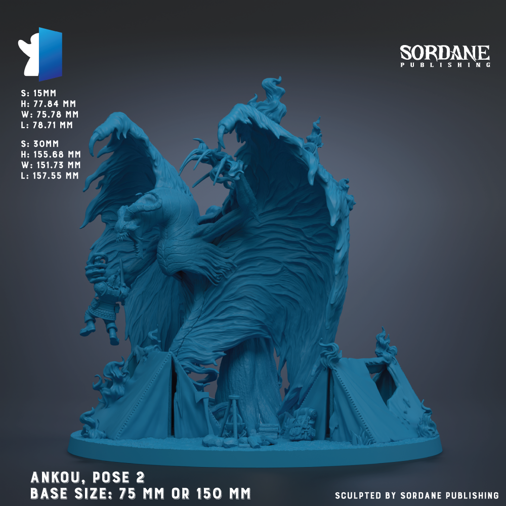 The image is a 3D rendering of a large, detailed sculpture of a winged creature, possibly a dragon or a mythical creature. The sculpture is set against a dark background, and it appears to be a base model of the artwork. The image is described as a "base size: 75 mm" or "base size: 150 mm" and is published by Sordane Publishing.
