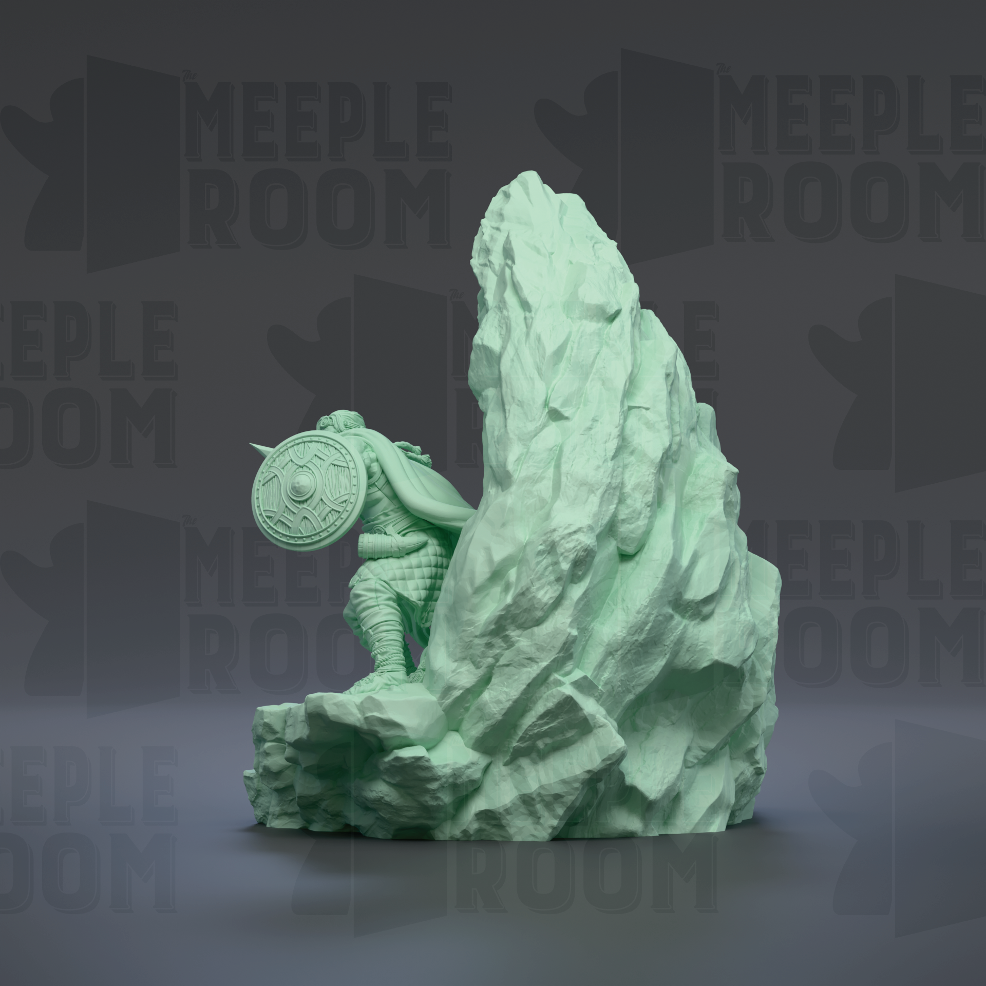 A green statue of a person sitting on a rock formation, with the text "MEUPLE ROOM" repeated in the background.