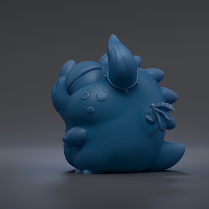 A blue, cartoon-like creature with a large head and small body is depicted in the image.