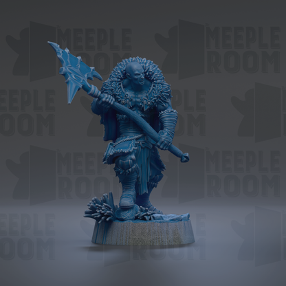 A blue figurine of a warrior figure holding a spear and standing on a platform.