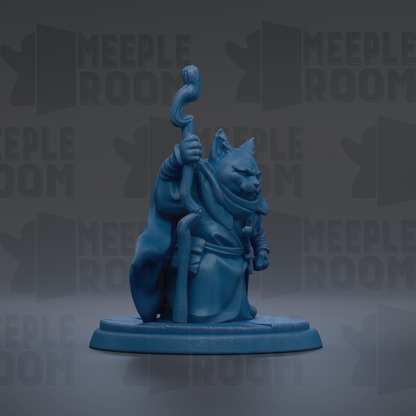 A blue figurine of a cat-like creature holding a staff and wearing a robe, standing on a pedestal against a dark background with repeated text.