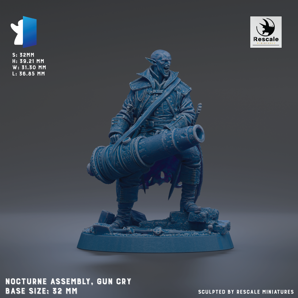 The image is a 3D model of a character from the video game Nocturne, specifically a gunryman. The character is depicted in a dynamic pose, holding a cannon and standing on a platform. The image is labeled with the base size of 32mm and the dimensions of the cannon, as well as the manufacturer's name, Rescale.