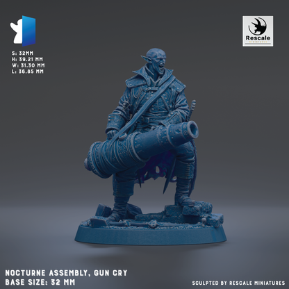 The image is a 3D model of a character from the video game Nocturne, specifically a gunryman. The character is depicted in a dynamic pose, holding a cannon and standing on a platform. The image is labeled with the base size of 32mm and the dimensions of the cannon, as well as the manufacturer's name, Rescale.