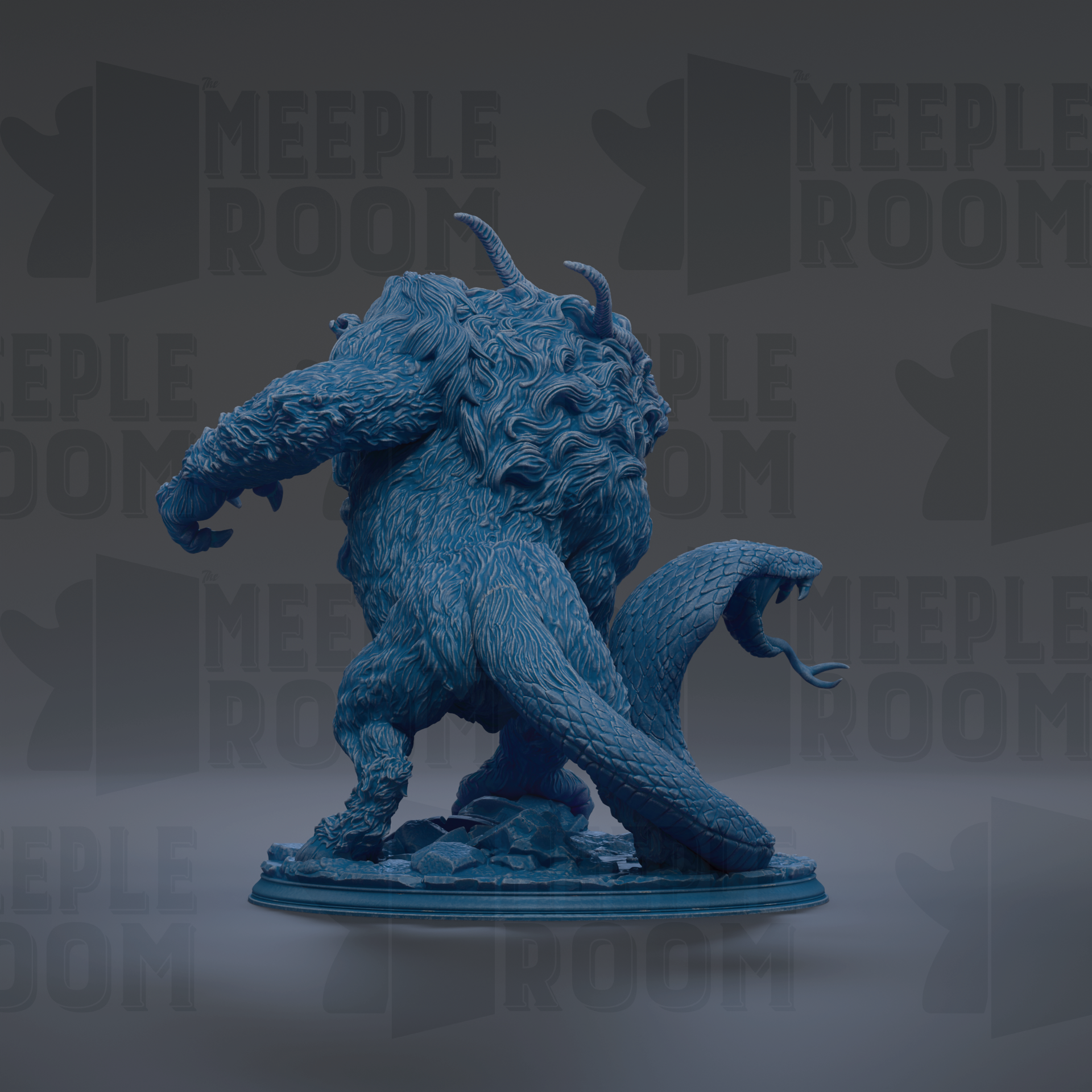 A detailed 3D model of a fantastical creature, possibly a monster or dragon, with horns and a long tail, standing on a platform.