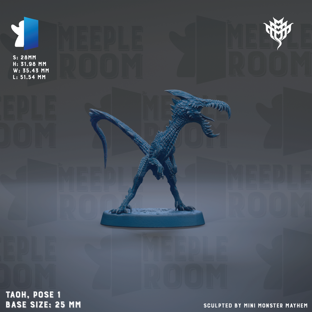 a blue, 3D-rendered monster figurine with sharp teeth and claws, standing on a base and appearing to be in a fighting stance. The image is described as a "base size: 25mm" and "sculpted by mini monster Mayhem".