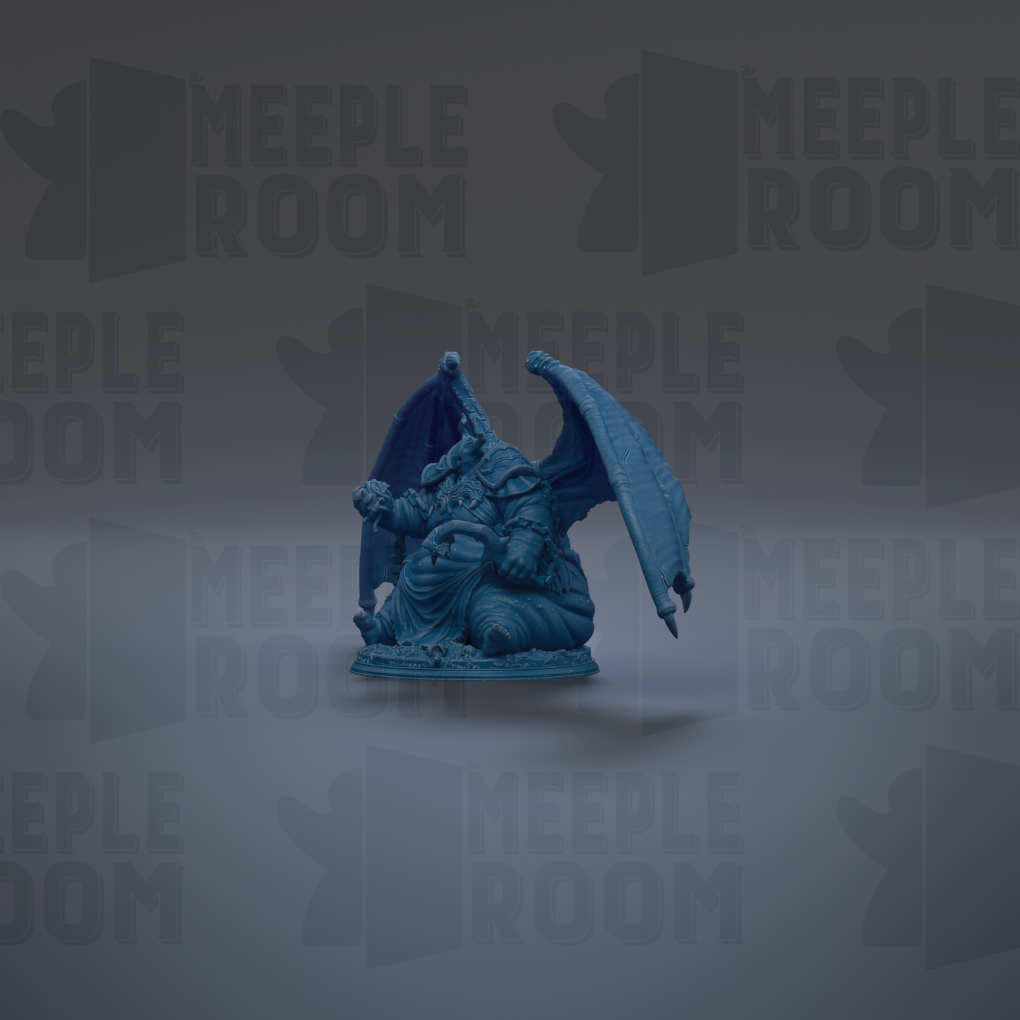 A blue figurine of a winged creature with a dragon-like body is displayed against a dark background with repeated text.