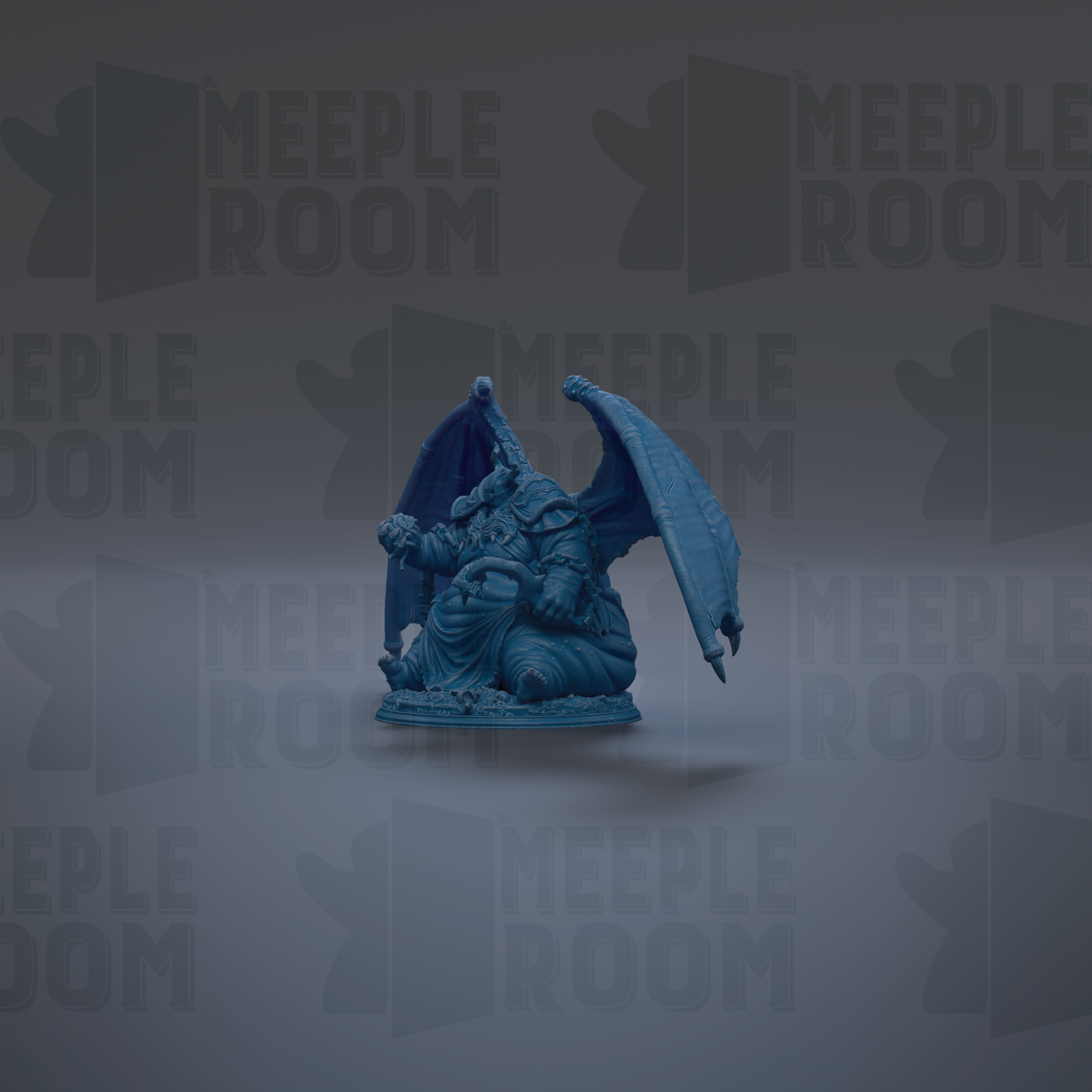 A blue figurine of a winged creature with a dragon-like body is displayed against a dark background with repeated text.