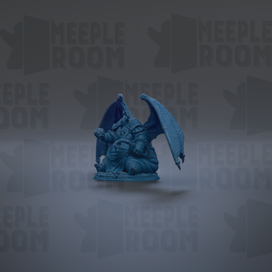 A blue figurine of a winged creature with a dragon-like body is displayed against a dark background with repeated text.