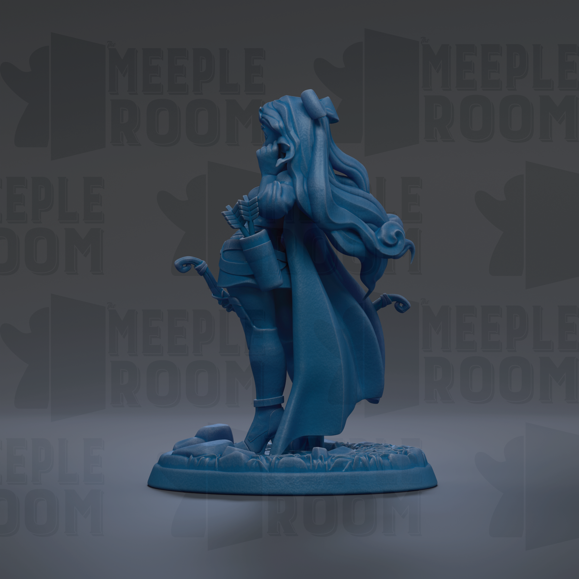 A blue figurine of a woman with long hair and a flowing cape, standing on a base and holding a bow and arrow.