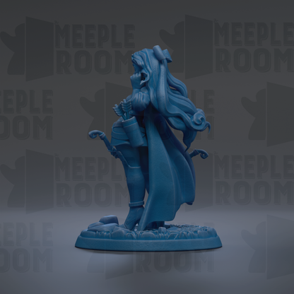 A blue figurine of a woman with long hair and a flowing cape, standing on a base and holding a bow and arrow.