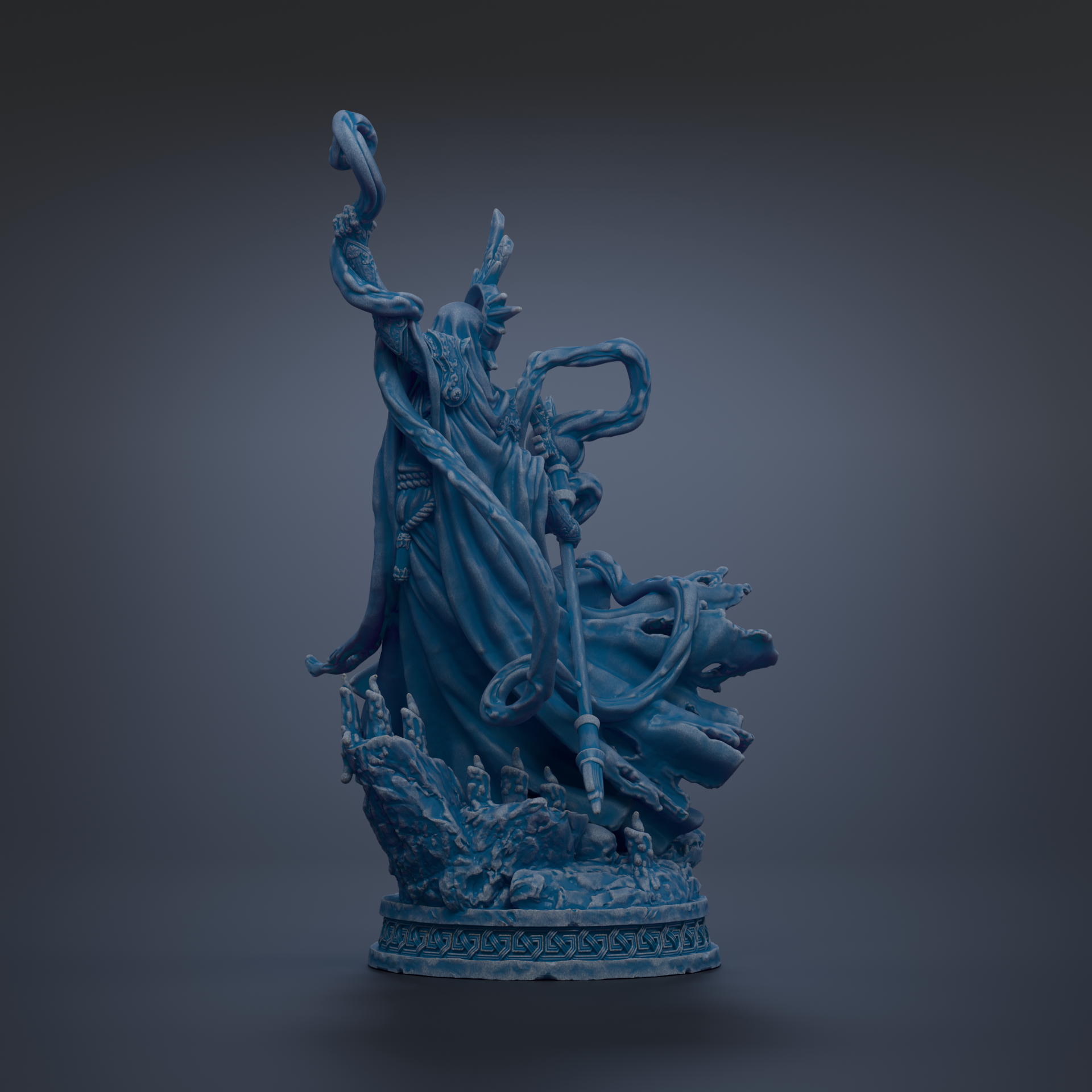 A 3D rendering of a blue, fantastical statue with flowing robes and a long, curved staff, set against a dark background.