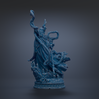 A 3D rendering of a blue, fantastical statue with flowing robes and a long, curved staff, set against a dark background.
