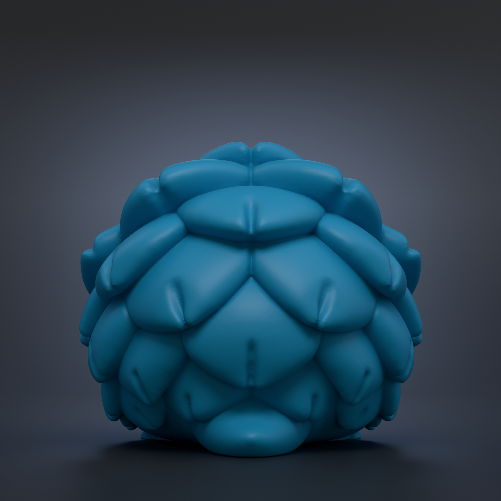 A 3D rendering of a blue, spherical object with a textured surface, set against a dark background.