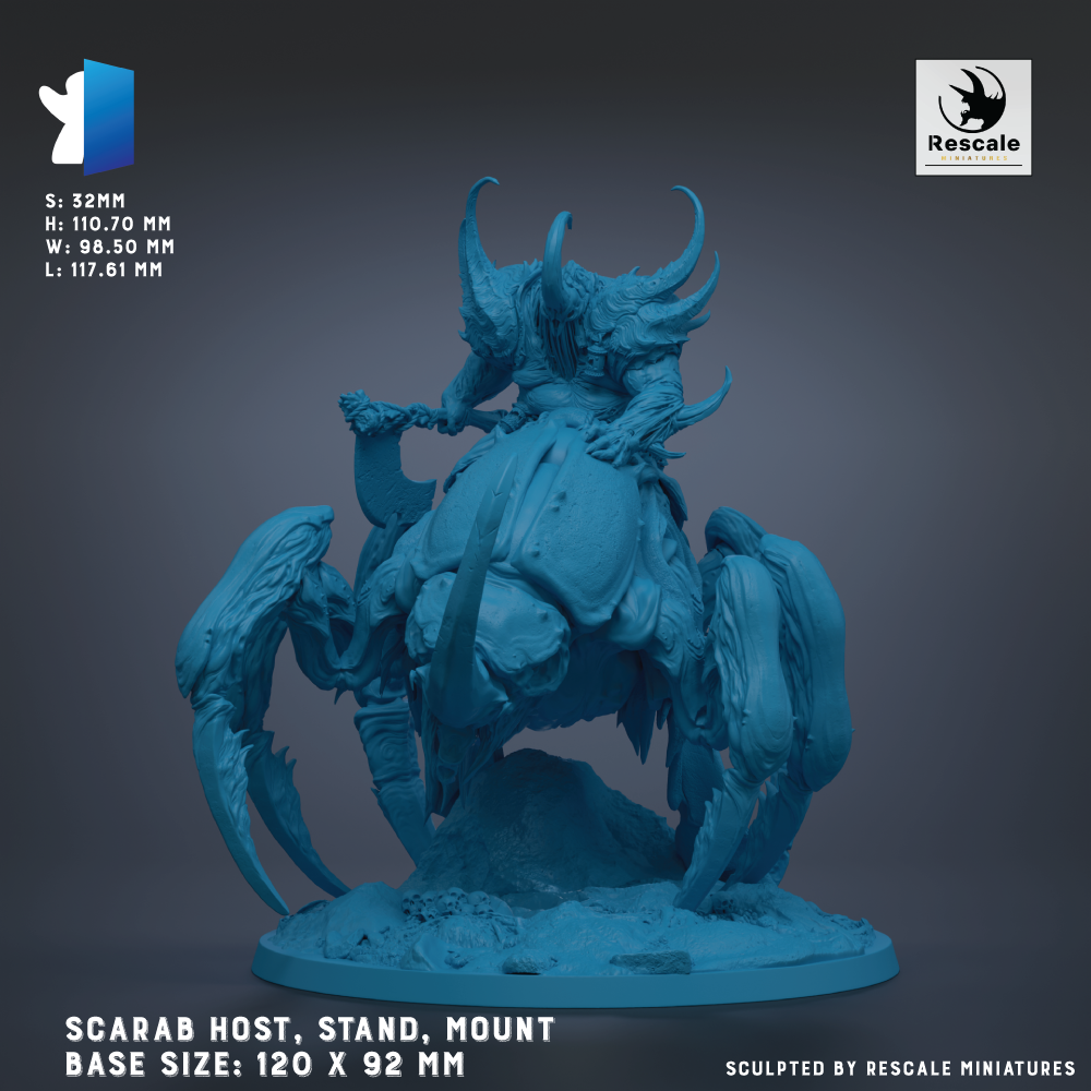 The image is a 3D model of a large, detailed blue creature with multiple arms and legs, standing on a base. The creature appears to be a fantastical or mythical creature, possibly a dragon or a spider-like creature. The image is described as a "scarab host, stand, mount" and is shown in various sizes, ranging from "120 x 92 mm" to "91 x 110 mm". The image is described as being "sculpted by rescale miniatures".