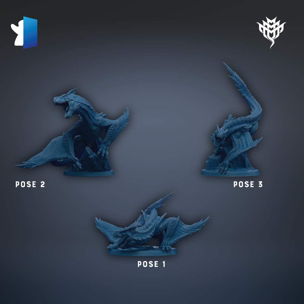 three blue figurines of dragons, each in a different pose, arranged in a row against a dark background.