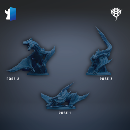 three blue figurines of dragons, each in a different pose, arranged in a row against a dark background.