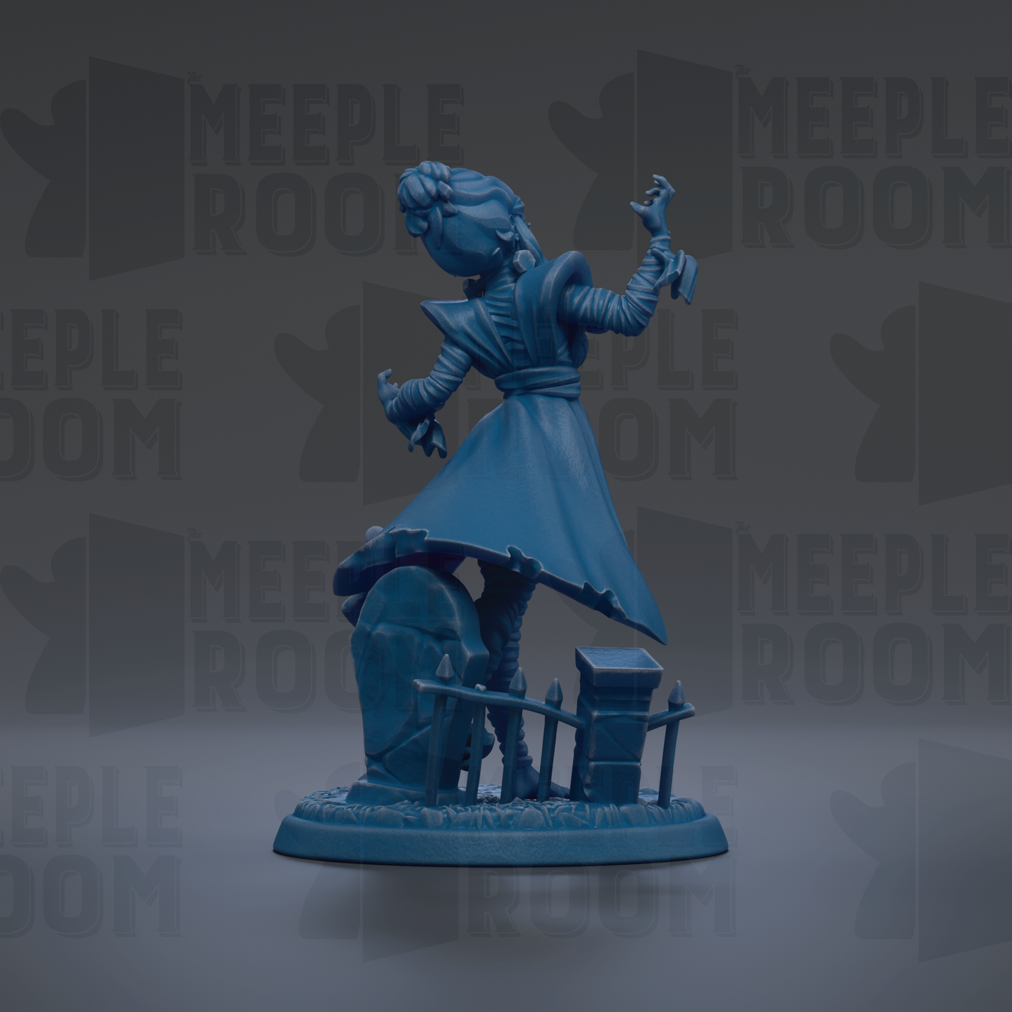 A blue figurine of a person with a dramatic pose, standing on a pedestal with a gravestone and other elements, against a dark background with repeated text.