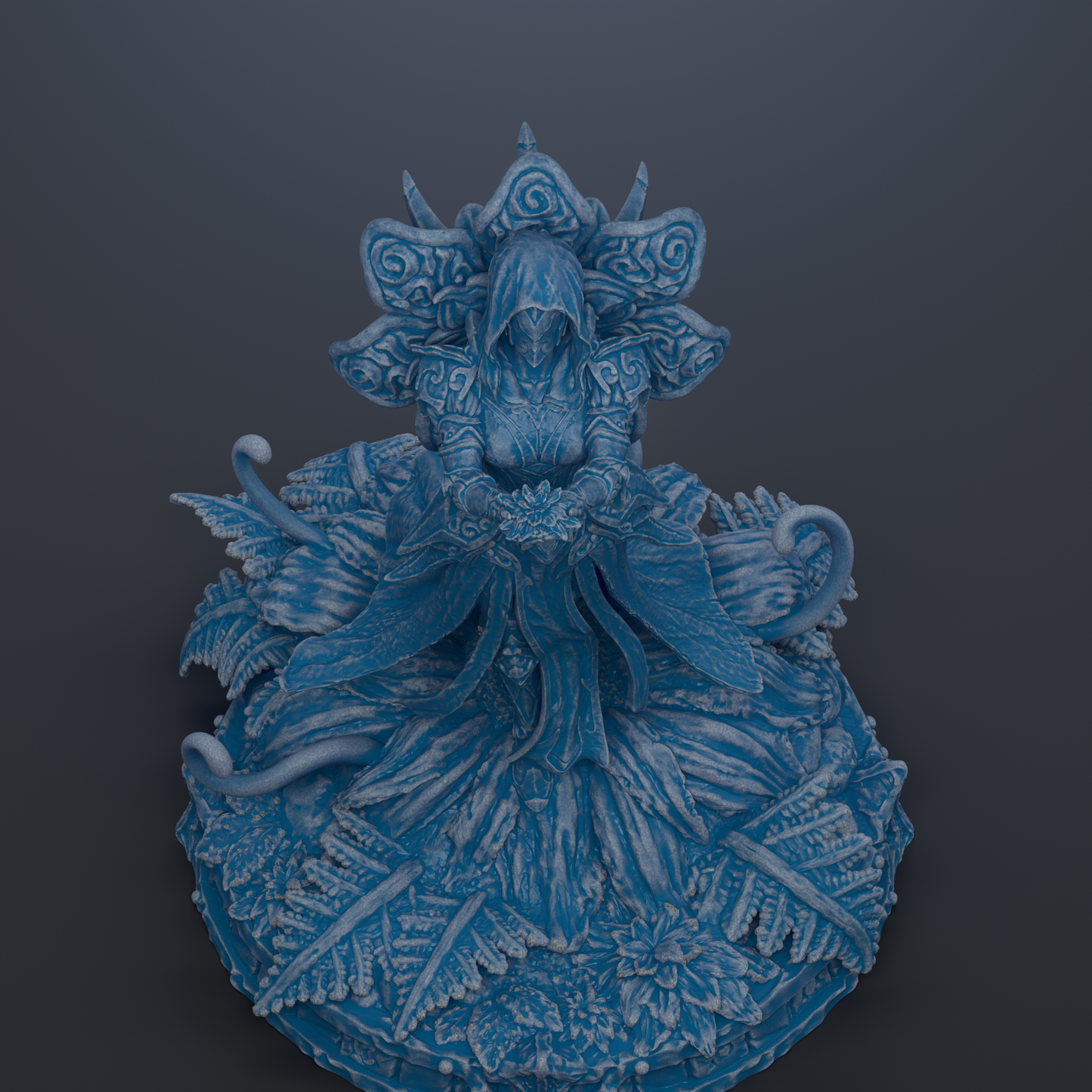 A detailed 3D rendering of a fantastical creature, possibly a dragon or serpent, with intricate patterns and designs covering its body.