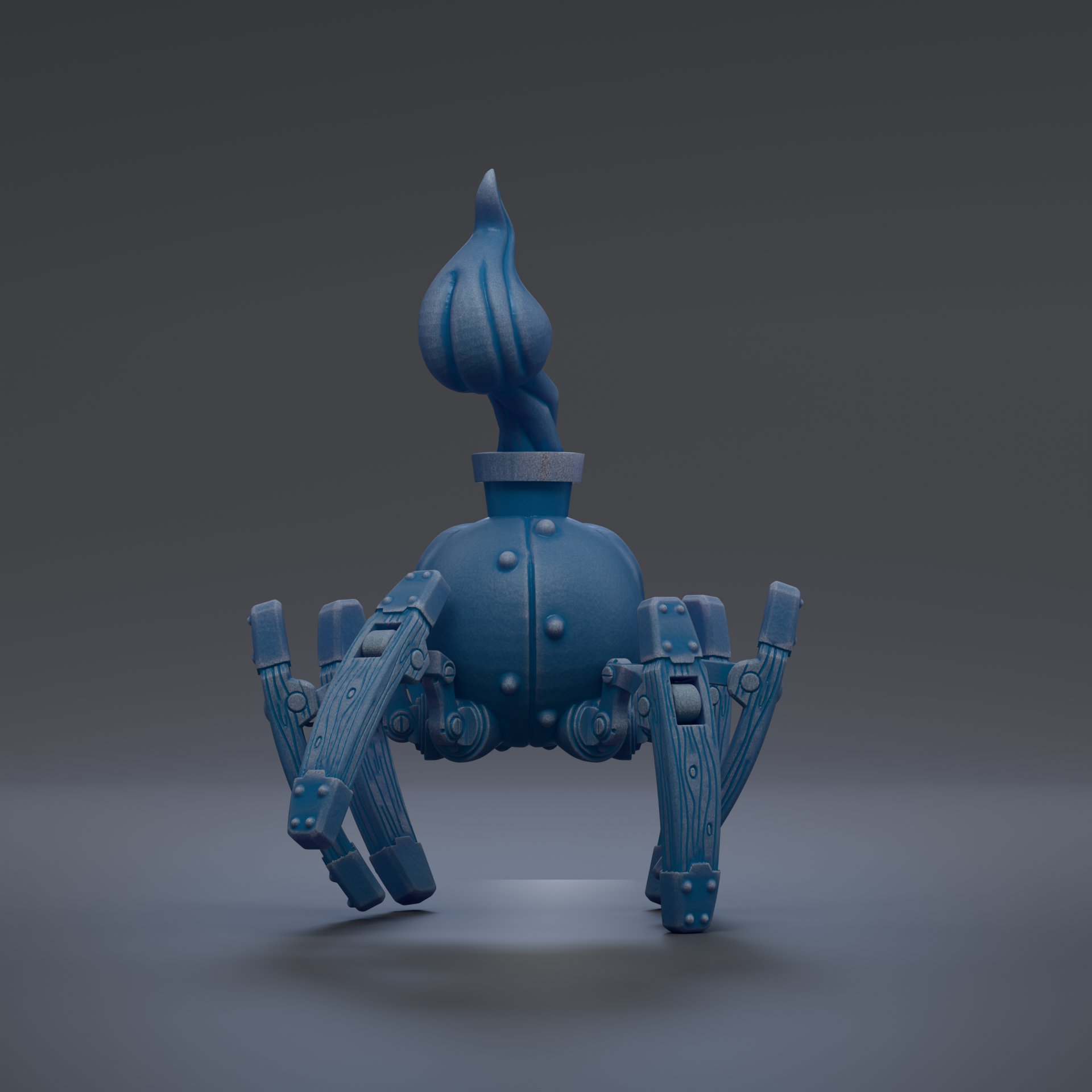 A blue, robotic-looking object with a flame-like shape on top, standing on a gray surface.
