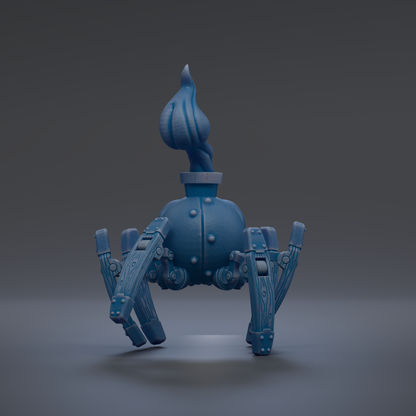 A blue, robotic-looking object with a flame-like shape on top, standing on a gray surface.