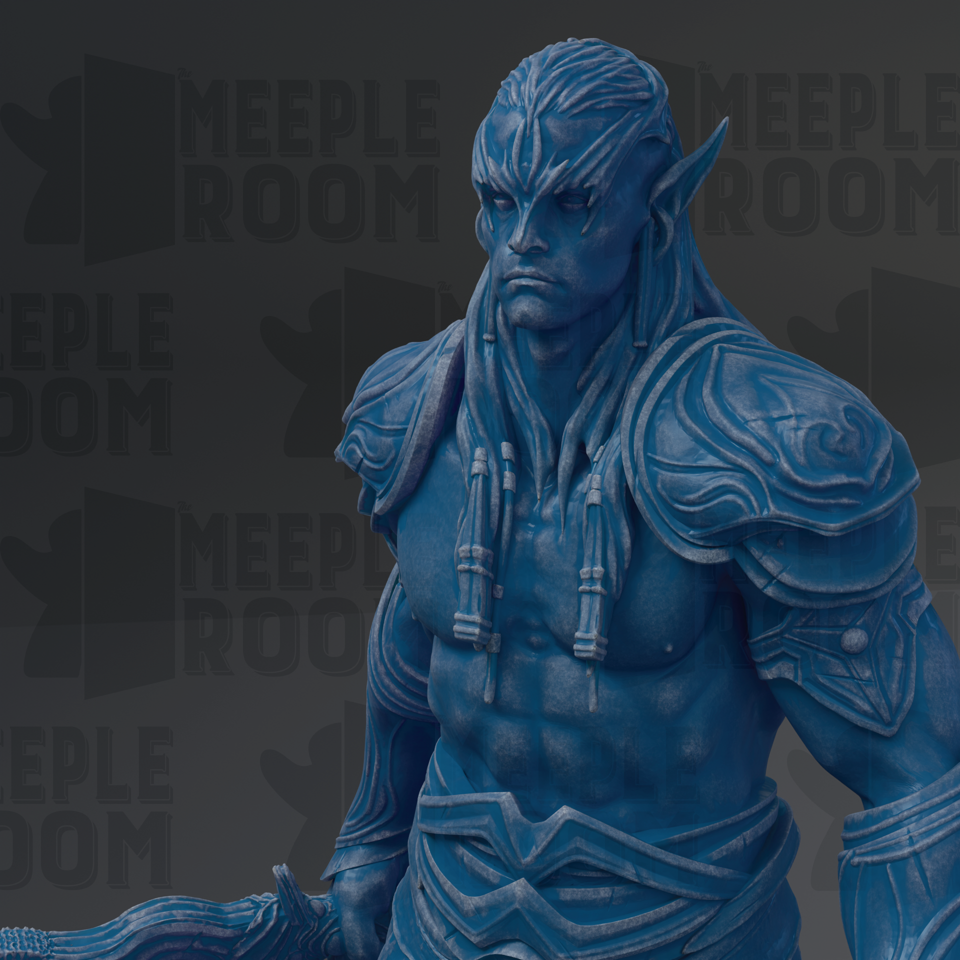 A blue, detailed statue of a warrior figure with long hair and a serious expression, holding a weapon.