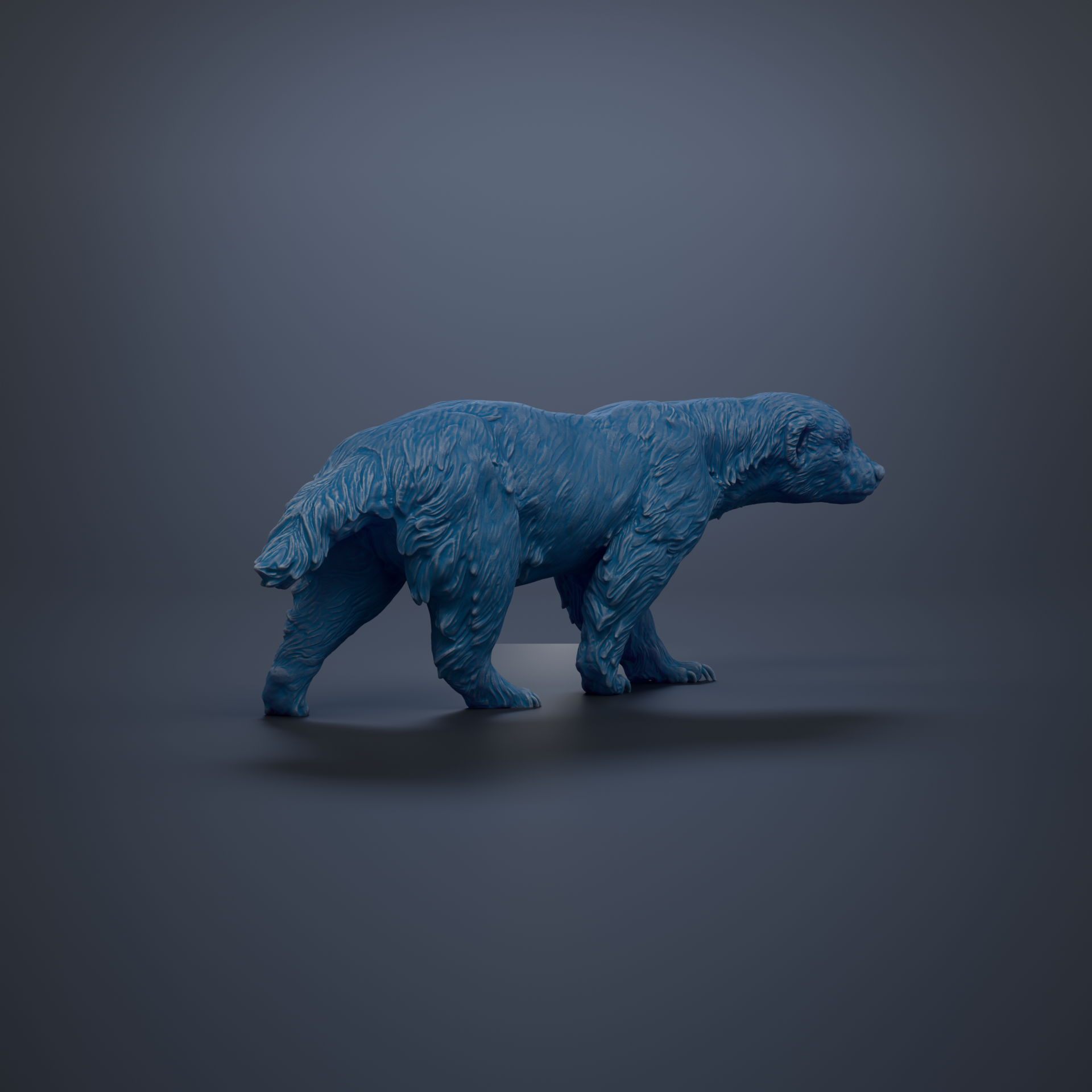 A blue bear statue is shown in a 3D rendering against a dark background.