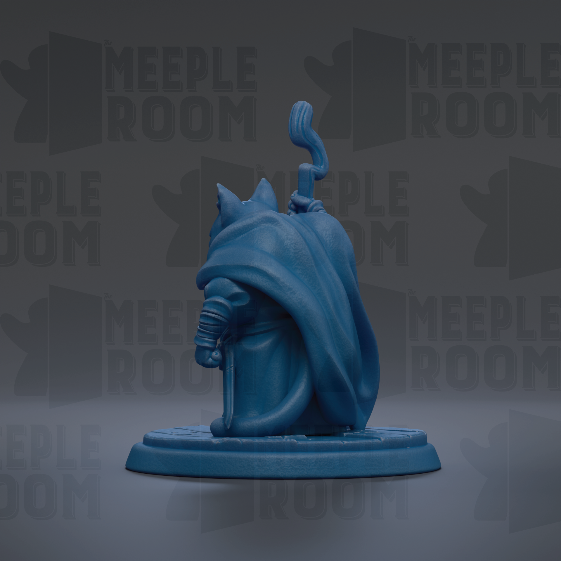 A blue figurine of a cat-like creature with a long tail, standing on a platform against a dark background with repeated text.