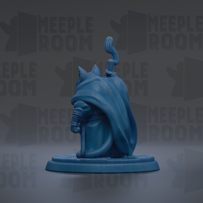 A blue figurine of a cat-like creature with a long tail, standing on a platform against a dark background with repeated text.