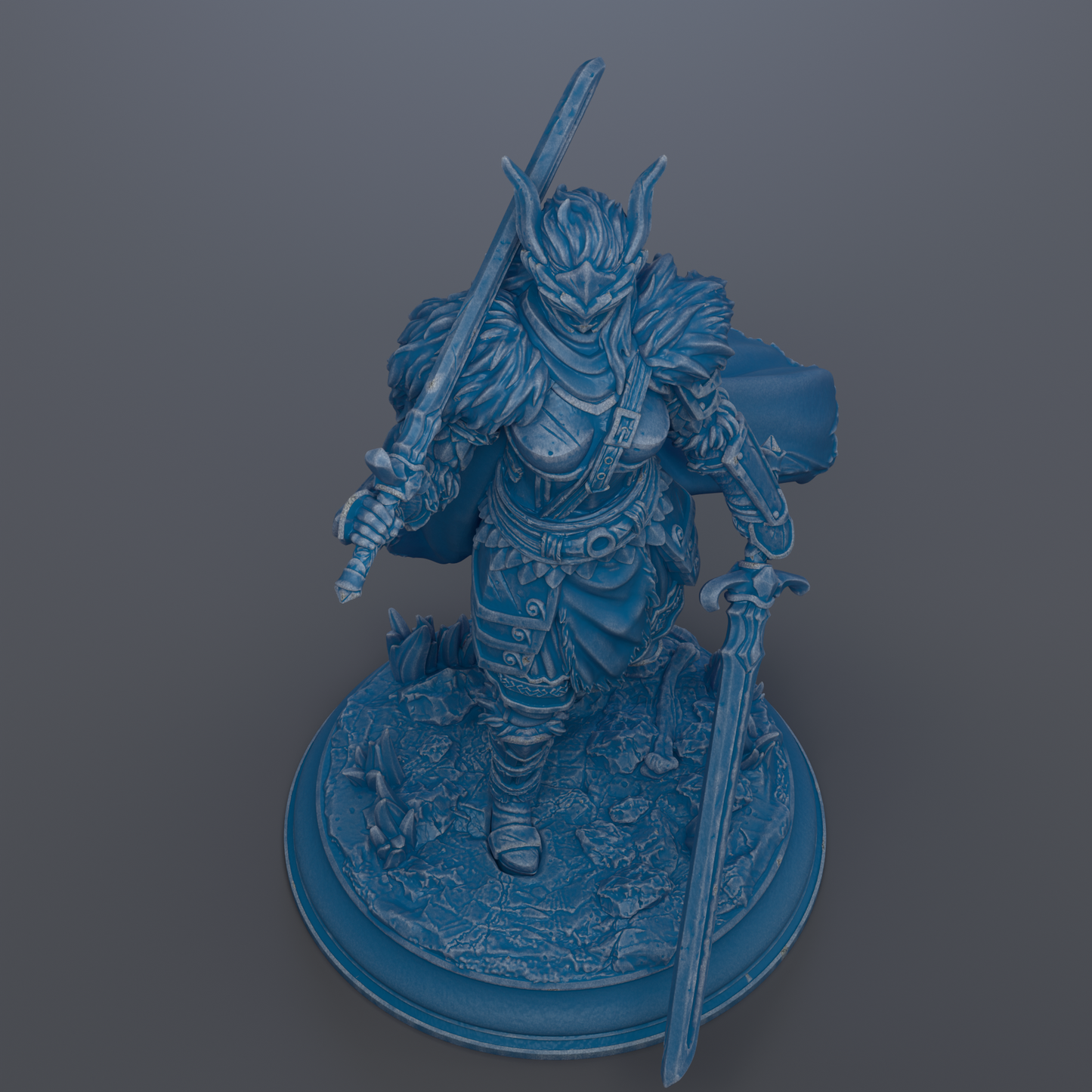 A 3D rendering of a warrior figure holding a sword and shield, standing on a base.