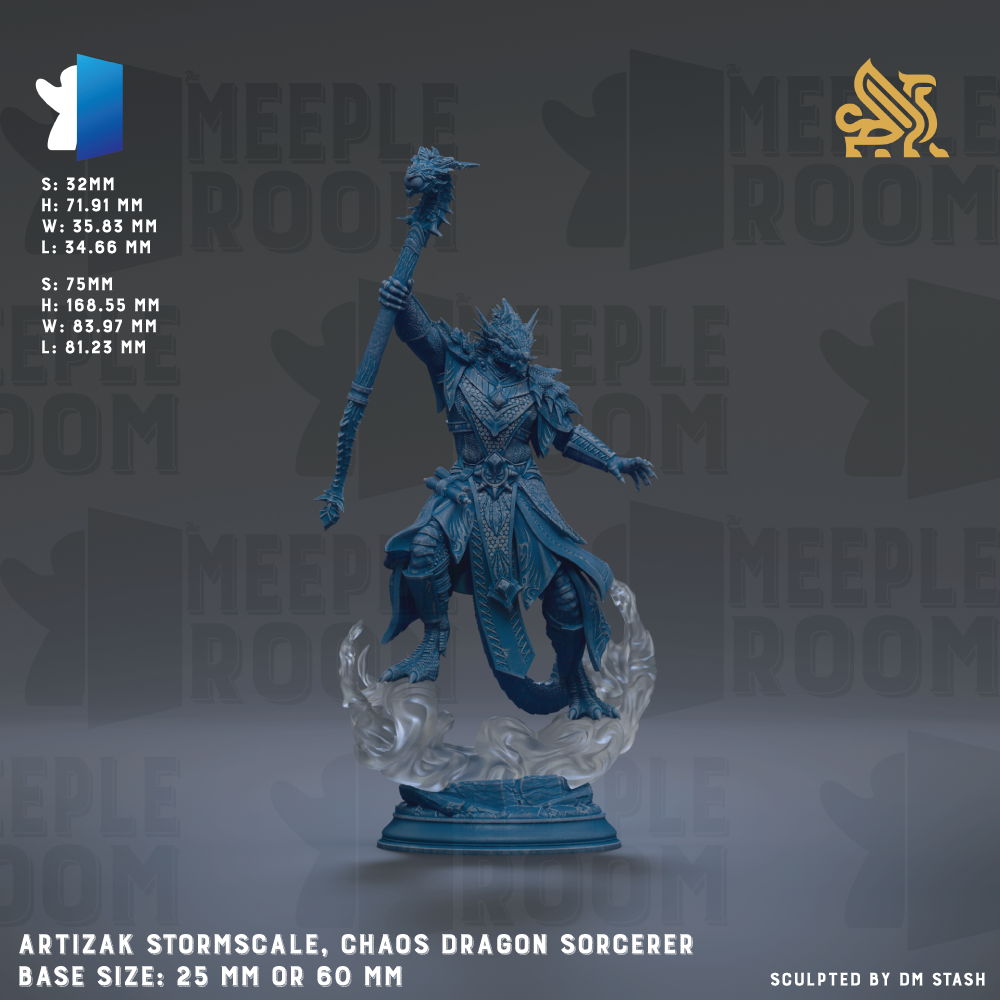 a detailed statue of a chaotic dragon Sorcerer, with a blue and gold color scheme. The base size of the statue is 25mm or 60mm, depending on the perspective. The statue is set against a dark background with the words "MEIPLE ROOM" repeated multiple times, suggesting it is part of a larger collection or series. The image does not contain any text, and the focus is on the intricate details and craftsmanship of the statue.