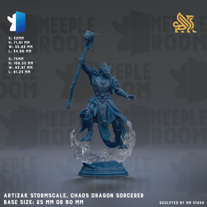 a detailed statue of a chaotic dragon Sorcerer, with a blue and gold color scheme. The base size of the statue is 25mm or 60mm, depending on the perspective. The statue is set against a dark background with the words "MEIPLE ROOM" repeated multiple times, suggesting it is part of a larger collection or series. The image does not contain any text, and the focus is on the intricate details and craftsmanship of the statue.
