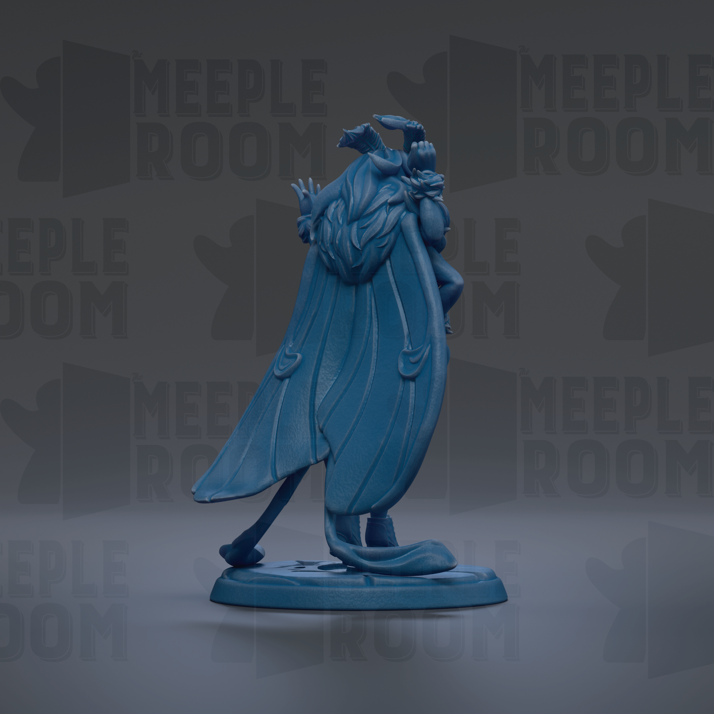 A blue figurine of a winged creature with a long tail, standing on a base.