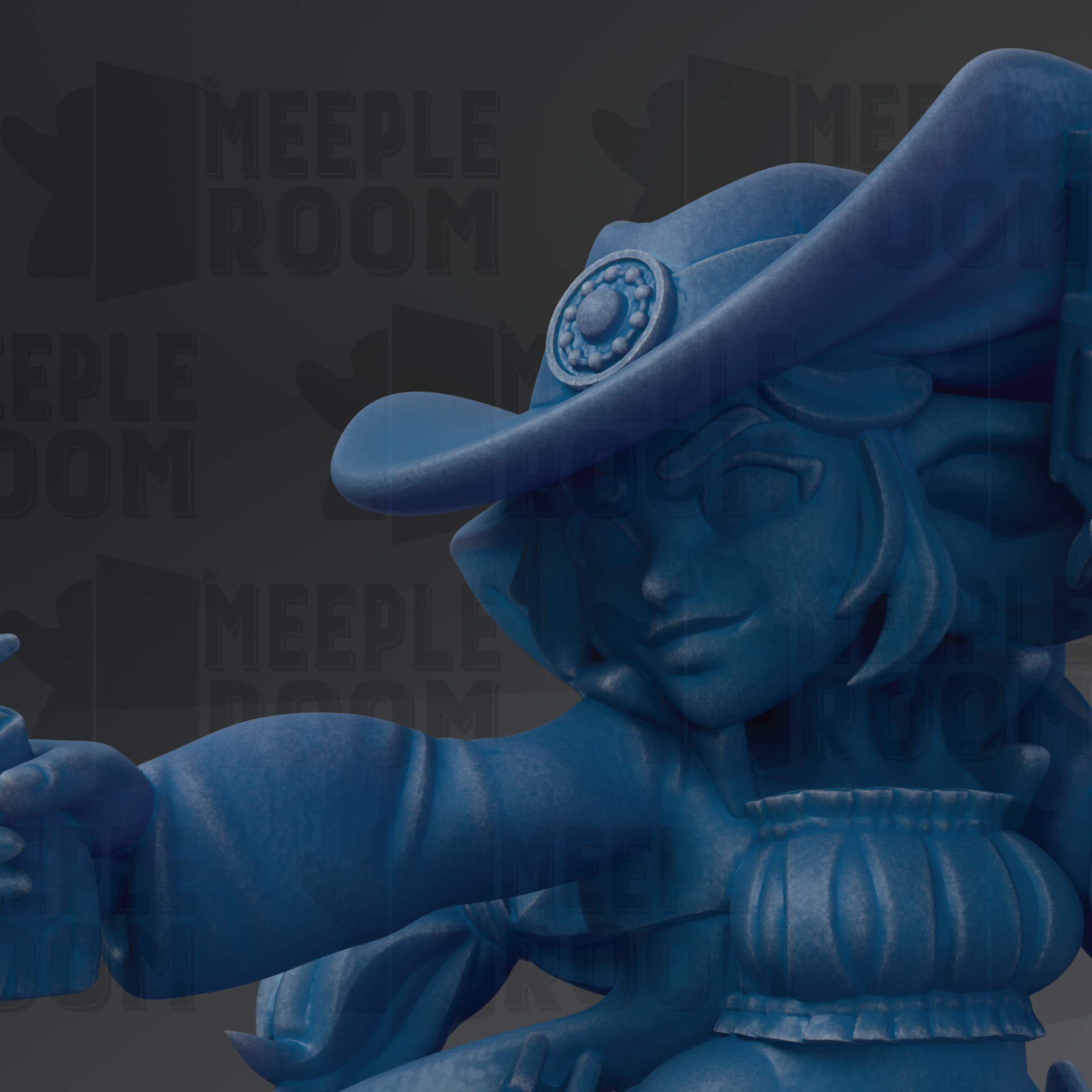 A close-up view of a blue, 3D-rendered character wearing a hat with a circular emblem, possibly a character from a video game or animated film.