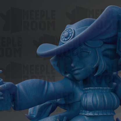 A close-up view of a blue, 3D-rendered character wearing a hat with a circular emblem, possibly a character from a video game or animated film.