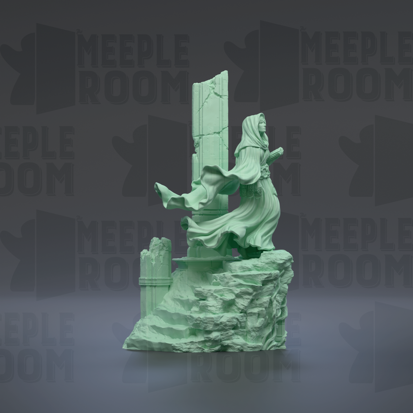 A green, sculpted statue of a figure standing on a rocky outcrop, with a flowing robe and a long headdress.