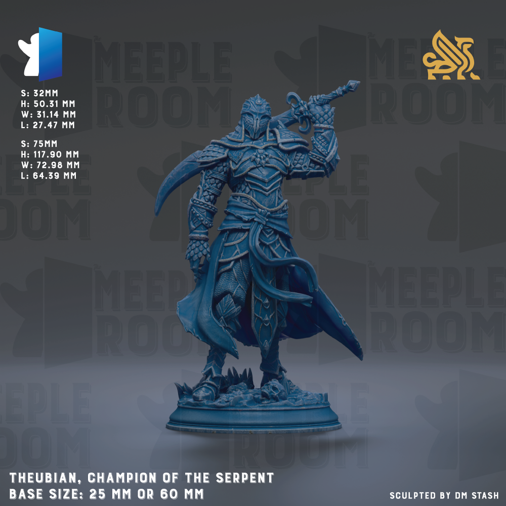 a blue armored knight figure, known as Theubian, who is a Champion of the Serpent. The knight is shown in a dynamic pose, holding a sword and standing on a base size of 25mm or 60mm. The knight is the central focus of the image, with the background featuring the Meeples Room logo.
