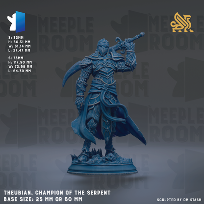 a blue armored knight figure, known as Theubian, who is a Champion of the Serpent. The knight is shown in a dynamic pose, holding a sword and standing on a base size of 25mm or 60mm. The knight is the central focus of the image, with the background featuring the Meeples Room logo.