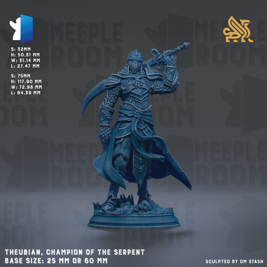 a blue armored knight figure, known as Theubian, who is a Champion of the Serpent. The knight is shown in a dynamic pose, holding a sword and standing on a base size of 25mm or 60mm. The knight is the central focus of the image, with the background featuring the Meeples Room logo.