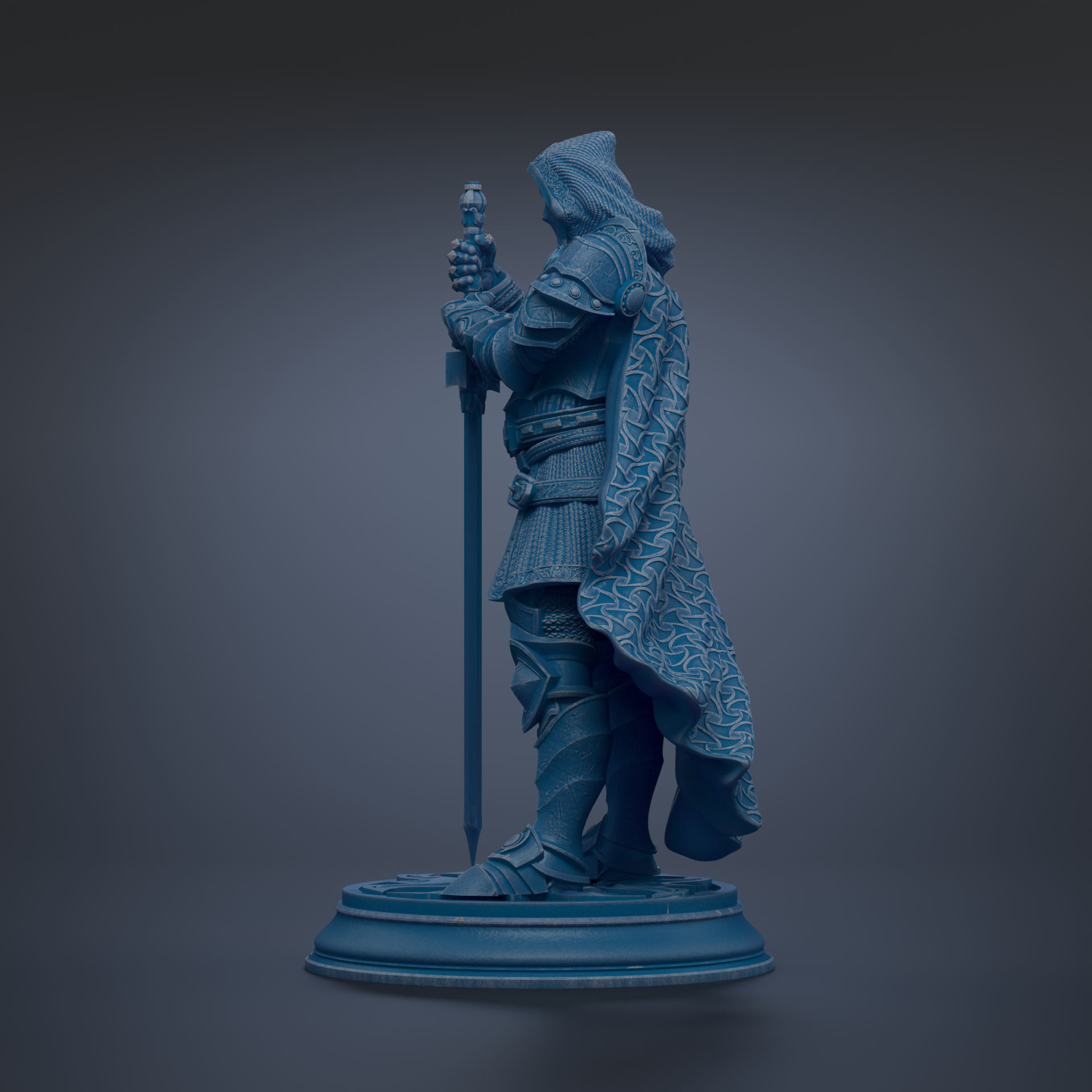 A blue statue of a knight holding a sword and shield, standing on a pedestal.