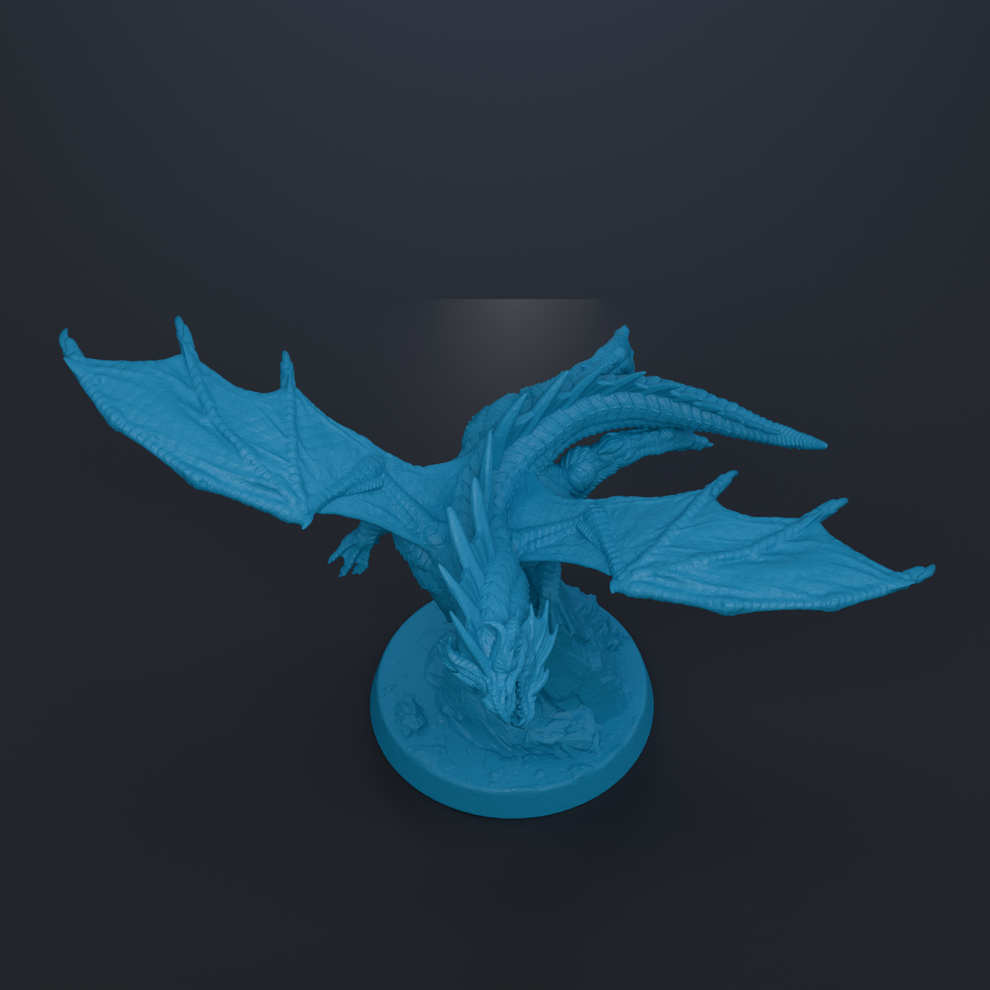 A blue dragon figurine is depicted in a 3D rendering against a dark background.