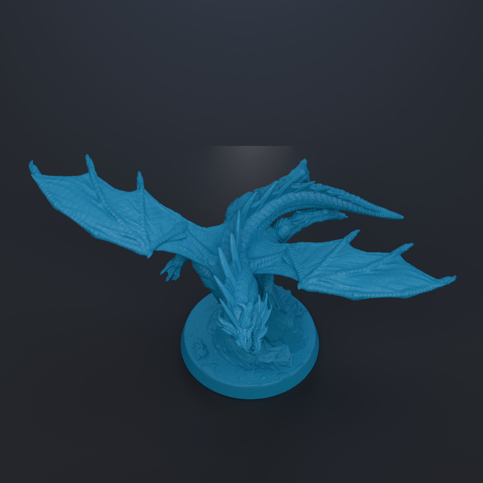 A blue dragon figurine is depicted in a 3D rendering against a dark background.