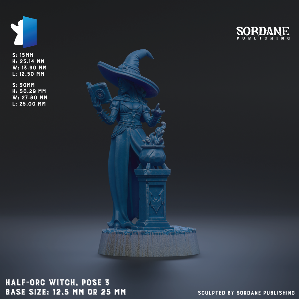 The image is a 3D rendering of a half-orgic witch statue, with the base size being either 12.5 mm or 25 mm. The statue is posed in a standing position, holding a book and a cauldron. The image does not contain any text or additional objects, and it is a single, continuous scene.