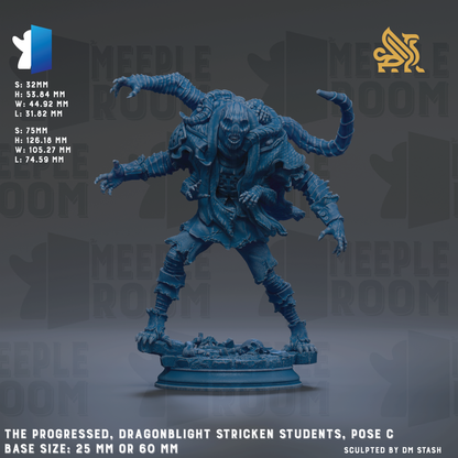 a blue, multi-armed dragonlike creature with a fierce expression, standing on a base. The creature appears to be a dragonlight strucken students, with a pose that suggests it is ready to strike. The base sizes of the statue are 25mm or 60mm. The image is a collage of multiple images, and it is not a description of each individual image. The phrase "The progress, Dragonlight strucken students, pose C" is located at the bottom of the image.