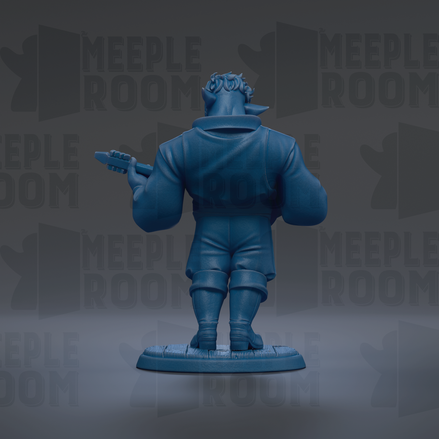 A blue figurine of a person holding a guitar, standing against a dark background with repeated text.