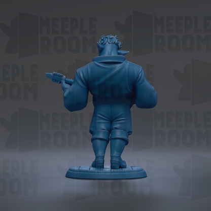 A blue figurine of a person holding a guitar, standing against a dark background with repeated text.