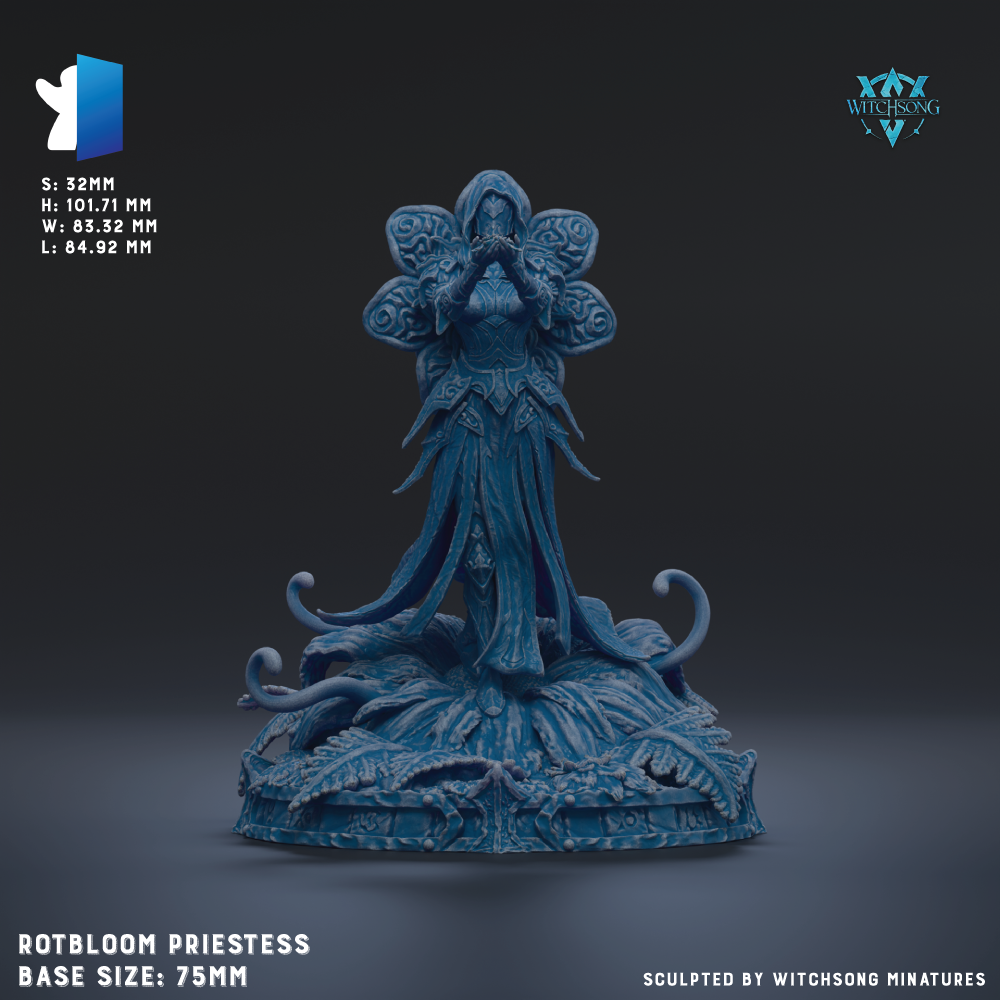 The image is a detailed 3D rendering of a blue, fantastical statue of a goddess or deity, with intricate designs and flowing robes. The statue is placed on a base that is described as a "75mm" size. The image is a collaboration between "Witch Song Miniatures" and is titled "ROTBLOOM PRIESTESS".